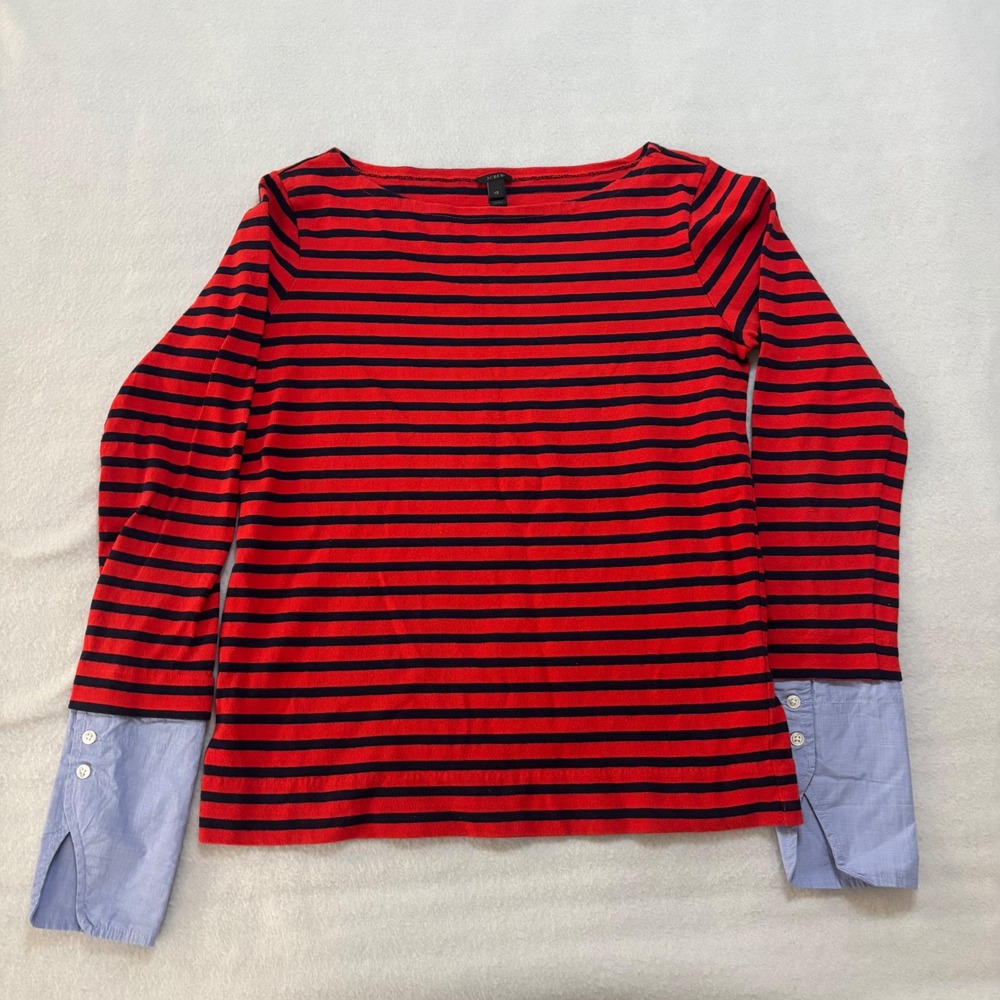 J.Crew Womens XS Striped Boatneck Top Red Navy Blue with Blue Shirt Cuffs